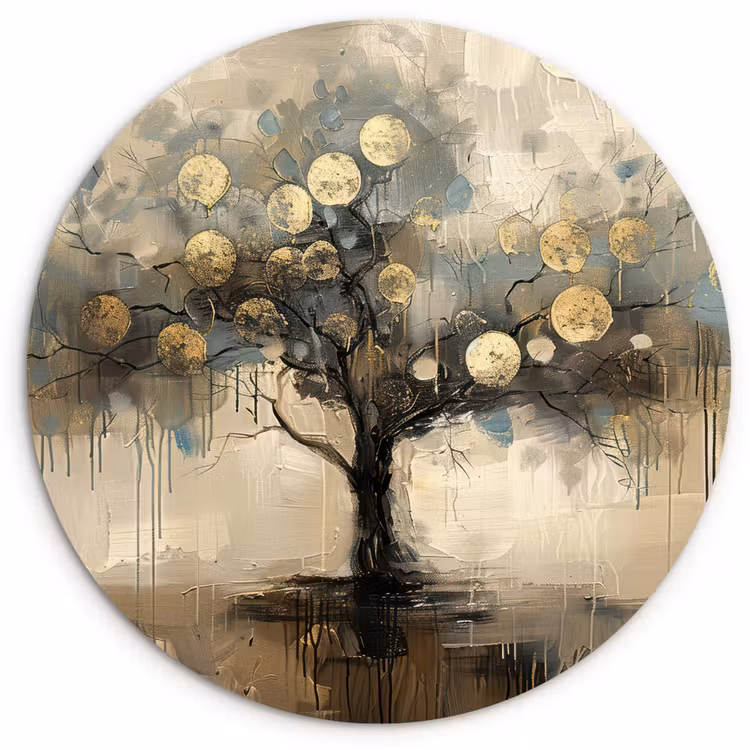 Beige - Abstract - Boom - Goud Wandcirkel kunststof plaat 5mm dik klein -3d