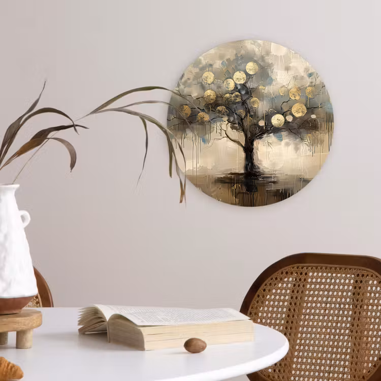 Beige - Abstract - Boom - Goud Wandcirkel kunststof plaat 5mm dik klein -sfeer4