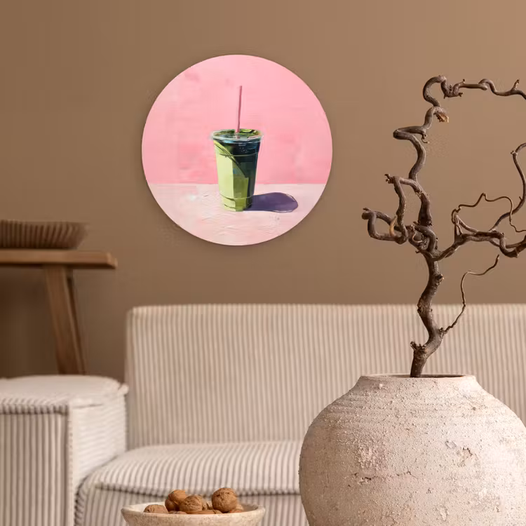Beker - Rietje - Minimalistisch - Groen Wandcirkel kunststof plaat 5mm dik klein -sfeer1