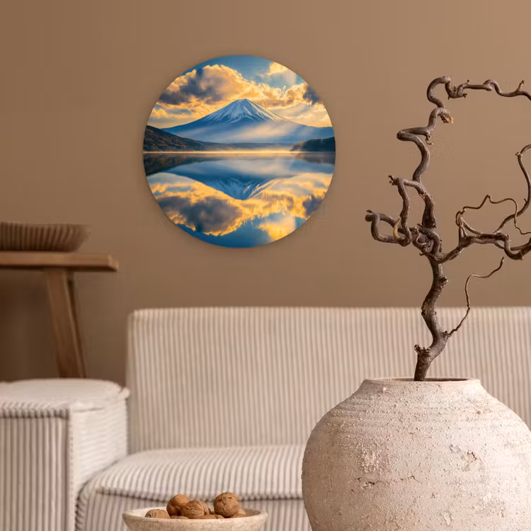 Berg - Rivier - Zonsondergang Wandcirkel kunststof plaat 5mm dik klein -sfeer1
