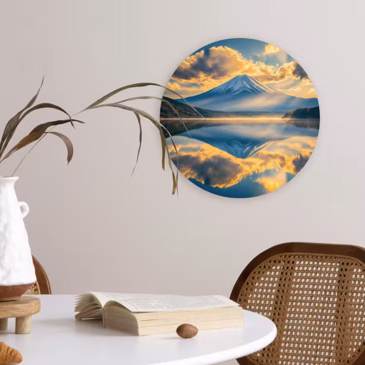 Berg - Rivier - Zonsondergang Wandcirkel kunststof plaat 5mm dik klein -sfeer4