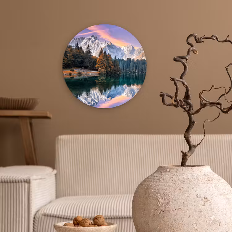 Bergen - Bos - Water - Lucht - Roze - Paars Wandcirkel kunststof plaat 5mm dik klein -sfeer1