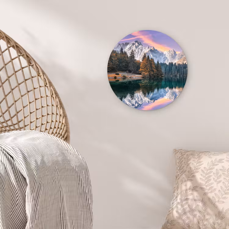 Bergen - Bos - Water - Lucht - Roze - Paars Wandcirkel kunststof plaat 5mm dik klein -sfeer5