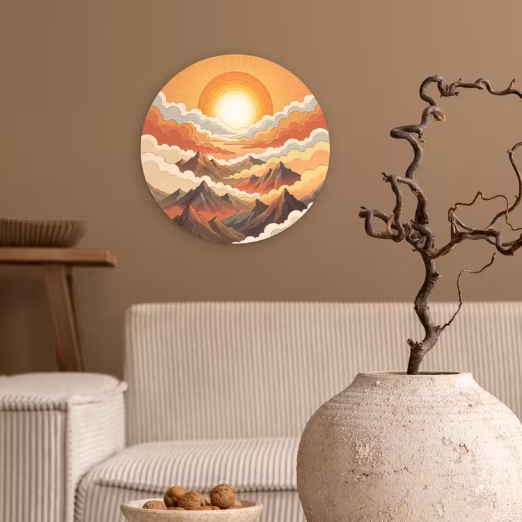 Bergen - Wolken - Natuur - Zonsopgang - Oranje Wandcirkel kunststof plaat 5mm dik klein -sfeer1