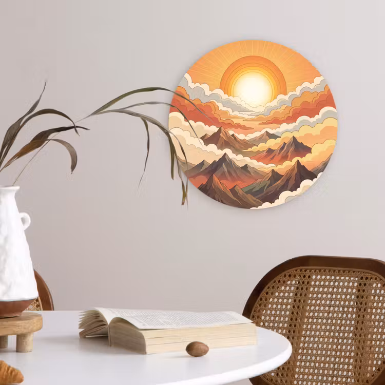 Bergen - Wolken - Natuur - Zonsopgang - Oranje Wandcirkel kunststof plaat 5mm dik klein -sfeer4