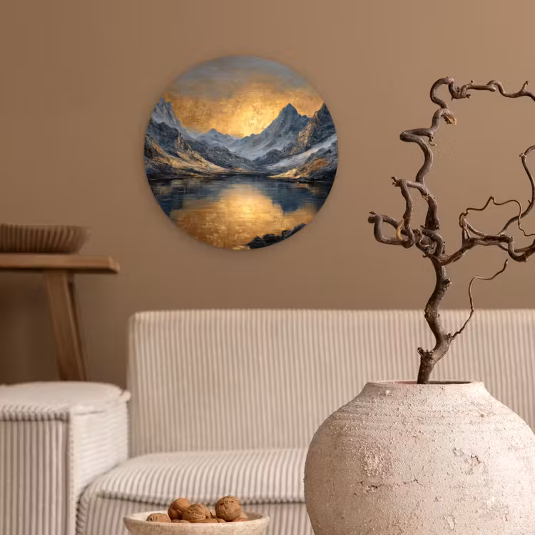 Berglandschap met Gouden Zonsondergang Wandcirkel kunststof plaat 5mm dik klein -sfeer1