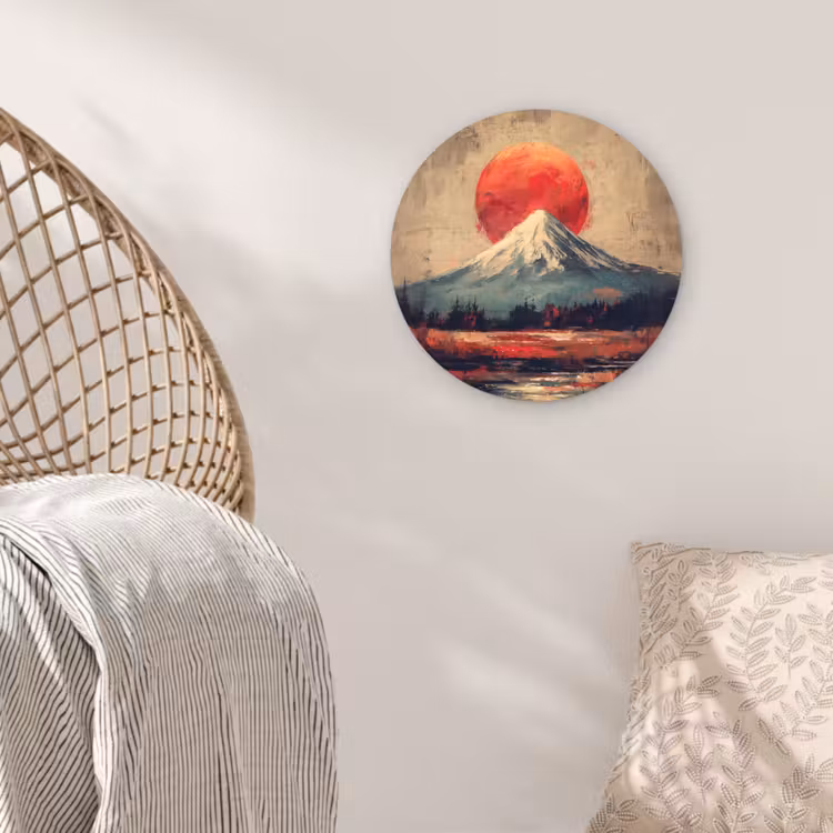Bergtop - Sneeuw - Zon Wandcirkel kunststof plaat 5mm dik klein -sfeer5