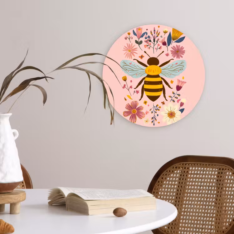 Bij - Geel - Bloemen - Kleurrijk Wandcirkel kunststof plaat 5mm dik klein -sfeer4