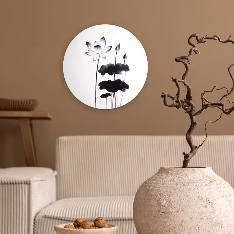 Bladeren - Zwart - Lotusbloem - Minimalitisch Wandcirkel kunststof plaat 5mm dik klein -sfeer1