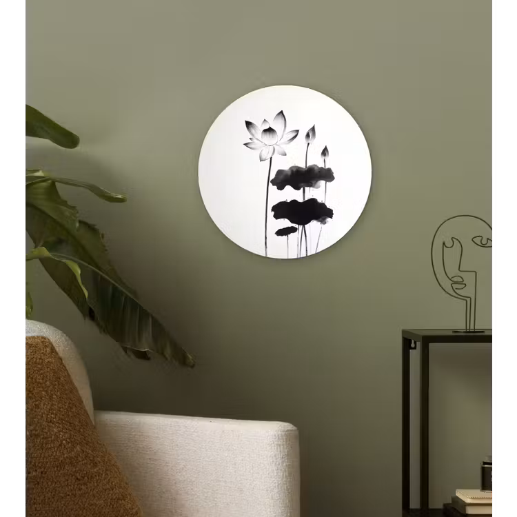 Bladeren - Zwart - Lotusbloem - Minimalitisch Wandcirkel kunststof plaat 5mm dik klein -sfeer3