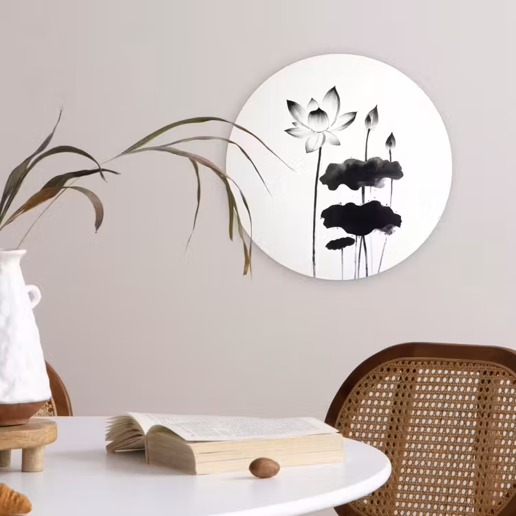 Bladeren - Zwart - Lotusbloem - Minimalitisch Wandcirkel kunststof plaat 5mm dik klein -sfeer4