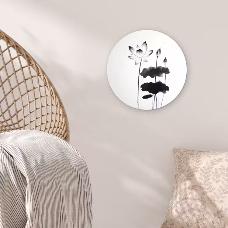 Bladeren - Zwart - Lotusbloem - Minimalitisch Wandcirkel kunststof plaat 5mm dik klein -sfeer5