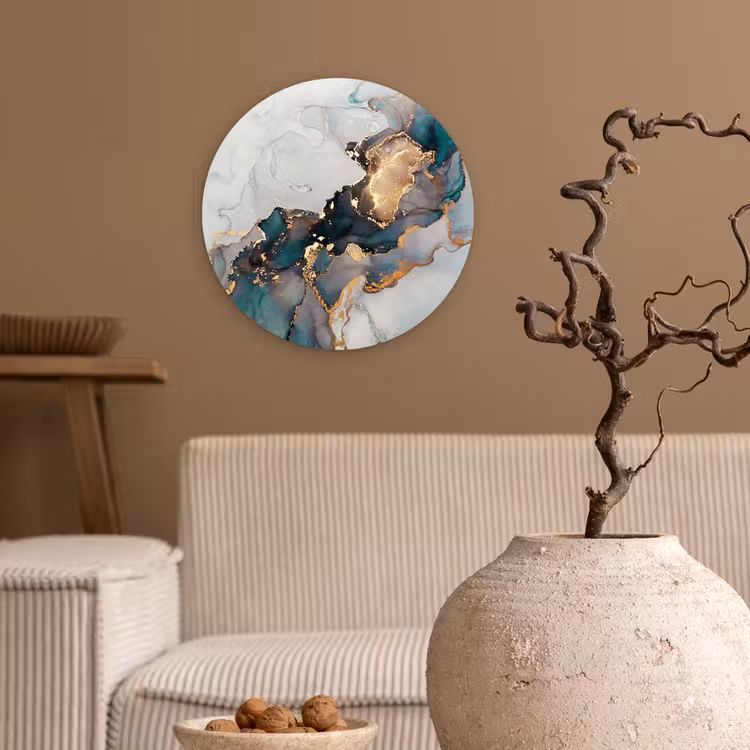 Blauw - Marmer - Goud Wandcirkel kunststof plaat 5mm dik klein -sfeer1