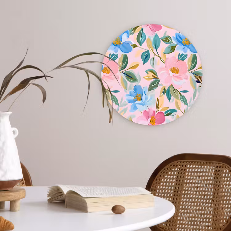 Blauw - Roze - Bloemen Wandcirkel kunststof plaat 5mm dik klein -sfeer4