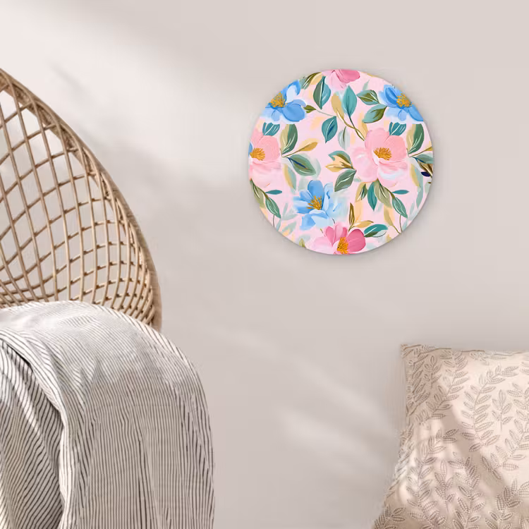 Blauw - Roze - Bloemen Wandcirkel kunststof plaat 5mm dik klein -sfeer5