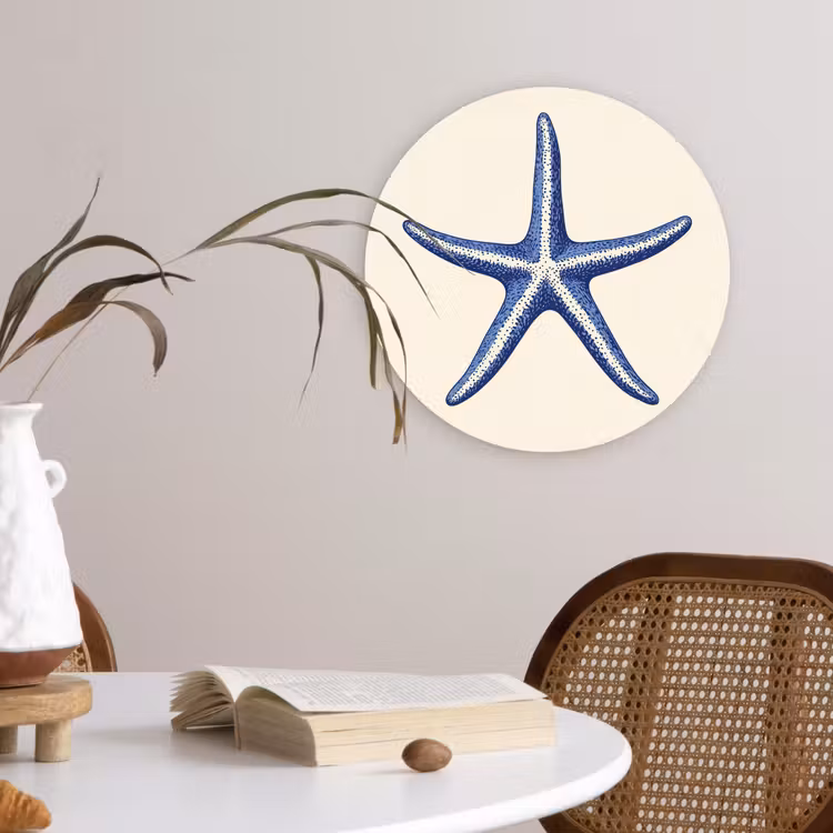 Blauwe zeester - Minimalistisch - Beige Wandcirkel kunststof plaat 5mm dik klein -sfeer4