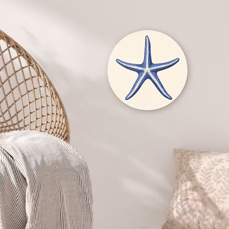 Blauwe zeester - Minimalistisch - Beige Wandcirkel kunststof plaat 5mm dik klein -sfeer5