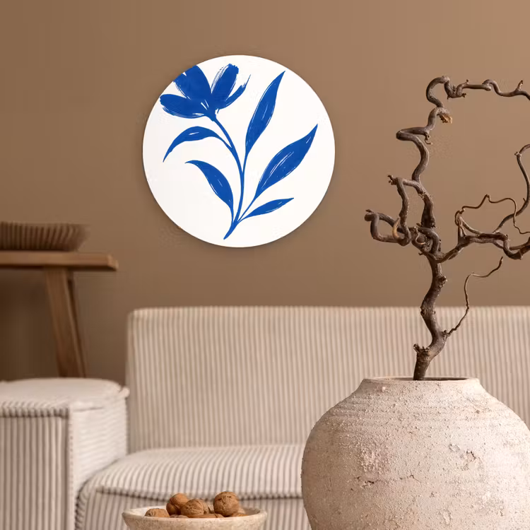 Bloem - Blaadjes - Minimalistisch - Blauw Wandcirkel kunststof plaat 5mm dik klein -sfeer1