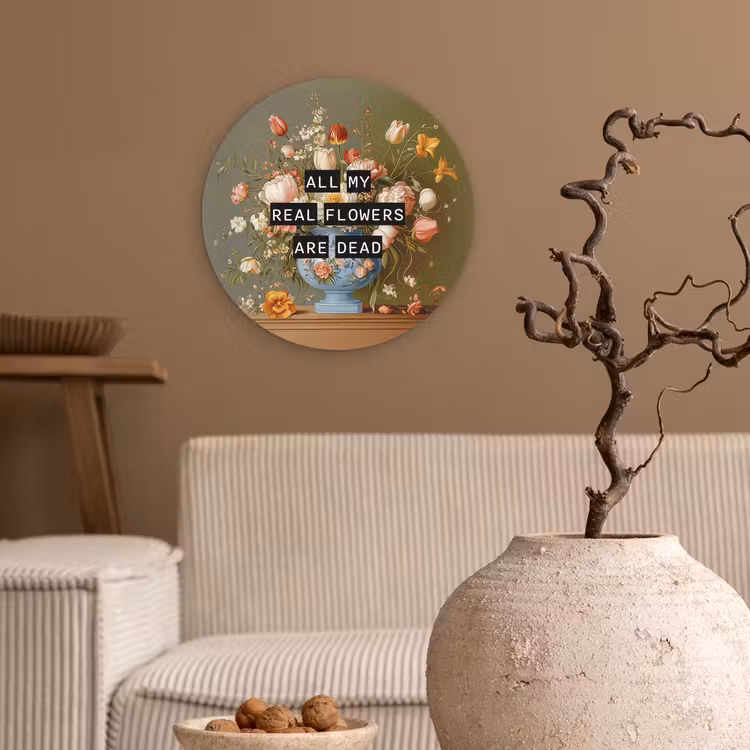 Bloem - Quote - Vintage - Art Wandcirkel kunststof plaat 5mm dik klein -sfeer1