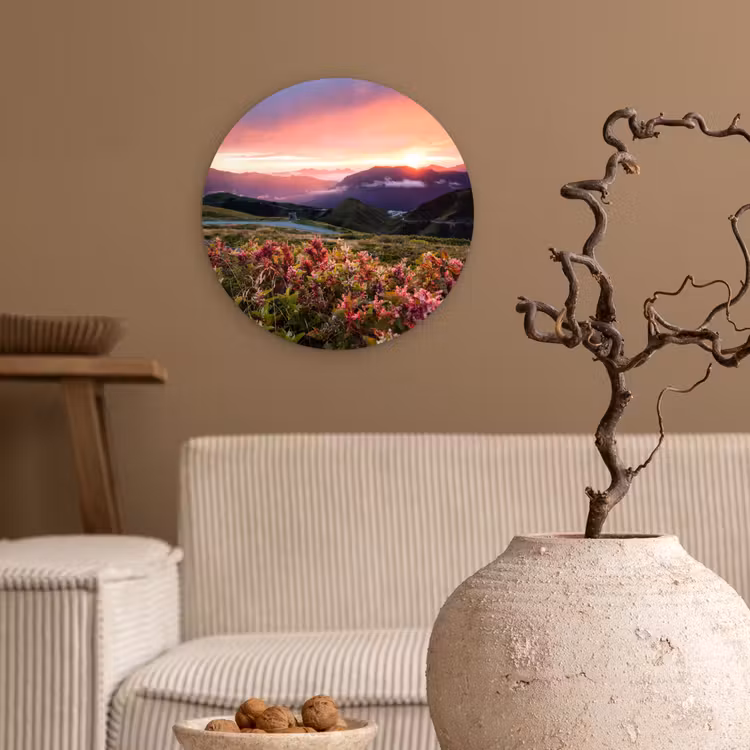 Bloemen - Bergen - Landschap - Nacht - Lucht - Roze Wandcirkel kunststof plaat 5mm dik klein -sfeer1
