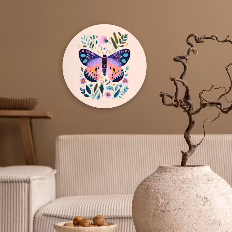 Bloemen - Bladeren - Vlinder - Kleurrijk Wandcirkel kunststof plaat 5mm dik klein -sfeer1