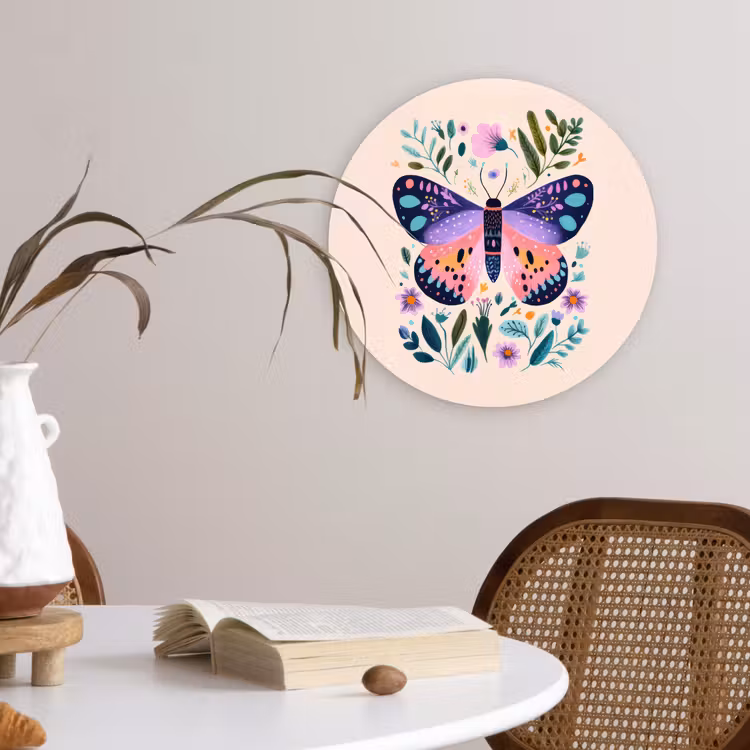 Bloemen - Bladeren - Vlinder - Kleurrijk Wandcirkel kunststof plaat 5mm dik klein -sfeer4