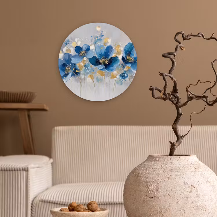 Bloemen - Blauw - Abstract Wandcirkel kunststof plaat 5mm dik klein -sfeer1