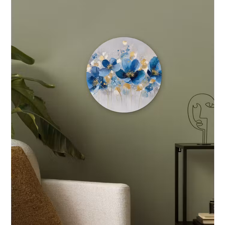 Bloemen - Blauw - Abstract Wandcirkel kunststof plaat 5mm dik klein -sfeer3