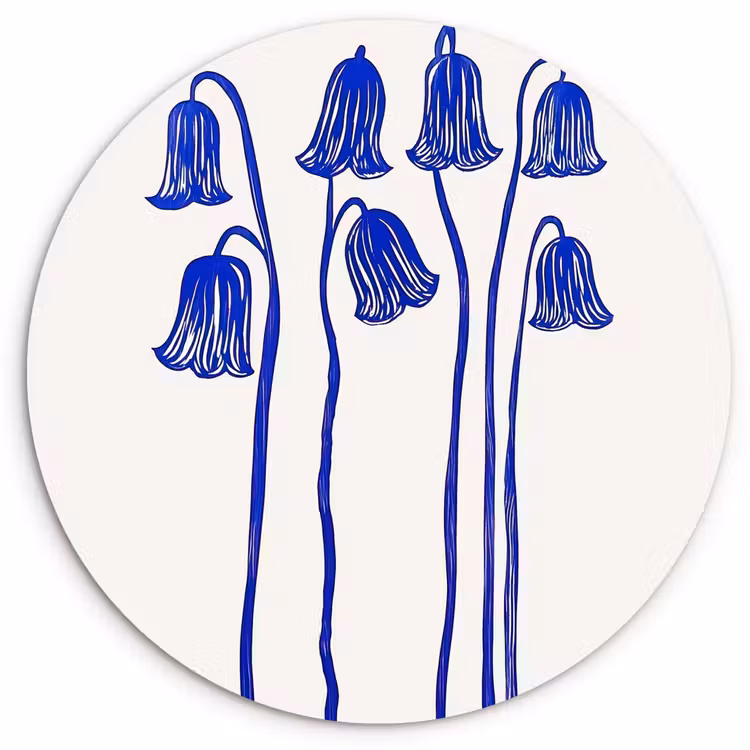 Bloemen - Blauw - Lijnen - Bloemblaadjes Wandcirkel kunststof plaat 5mm dik klein -3d