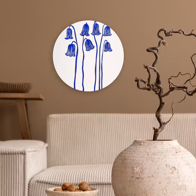 Bloemen - Blauw - Lijnen - Bloemblaadjes Wandcirkel kunststof plaat 5mm dik klein -sfeer1