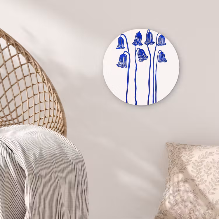 Bloemen - Blauw - Lijnen - Bloemblaadjes Wandcirkel kunststof plaat 5mm dik klein -sfeer5
