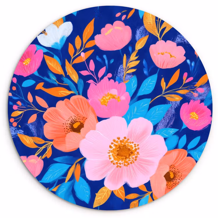 Bloemen - Blauw - Roze Wandcirkel kunststof plaat 5mm dik klein -3d