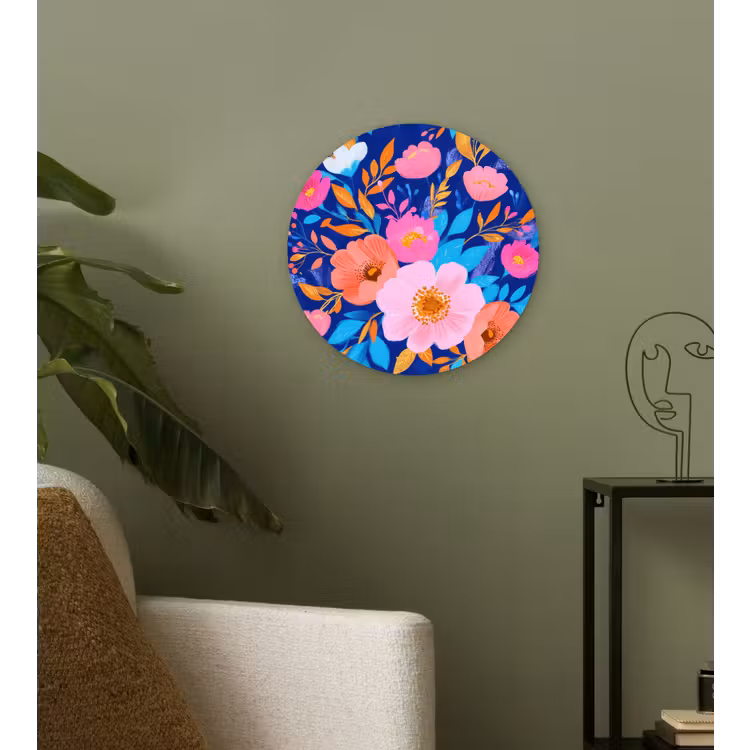 Bloemen - Blauw - Roze Wandcirkel kunststof plaat 5mm dik klein -sfeer3