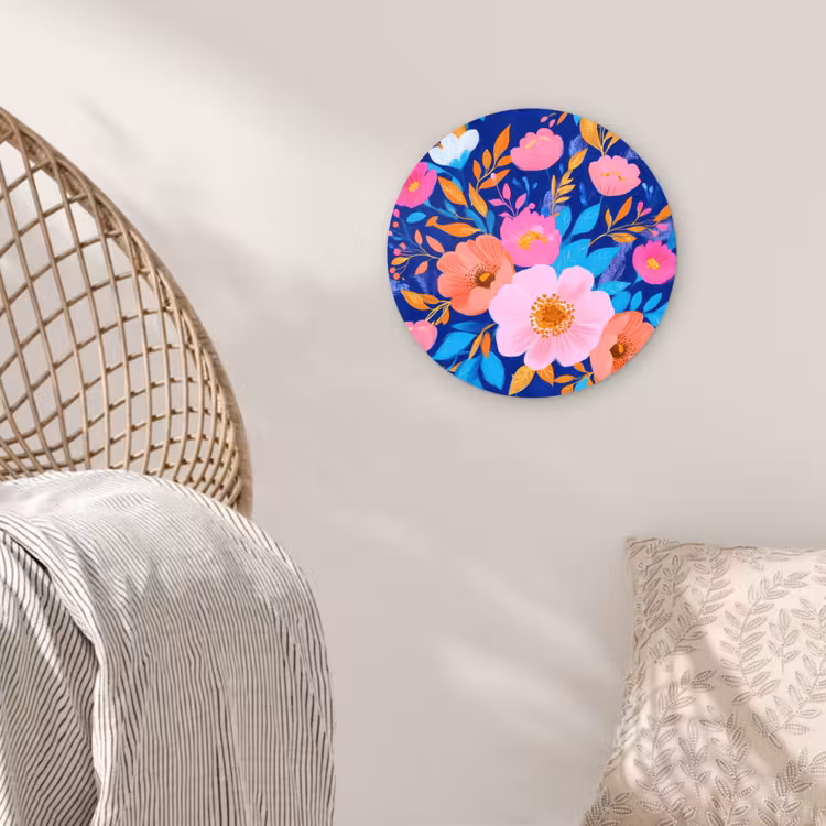 Bloemen - Blauw - Roze Wandcirkel kunststof plaat 5mm dik klein -sfeer5