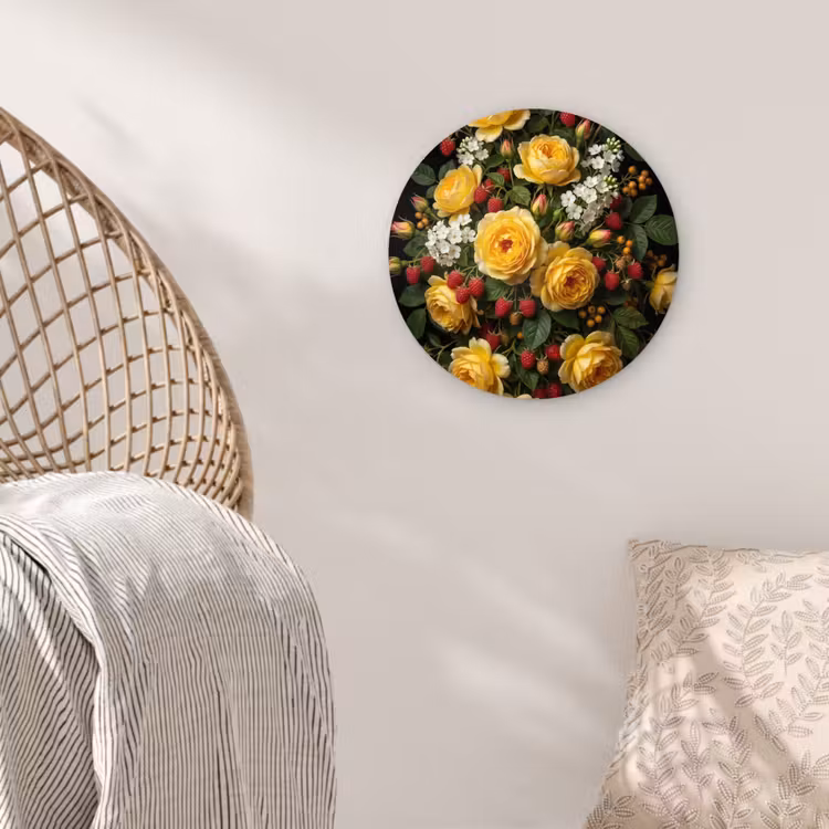 Bloemen - Boeket - Natuur - Klassiek - Geel Wandcirkel kunststof plaat 5mm dik klein -sfeer5