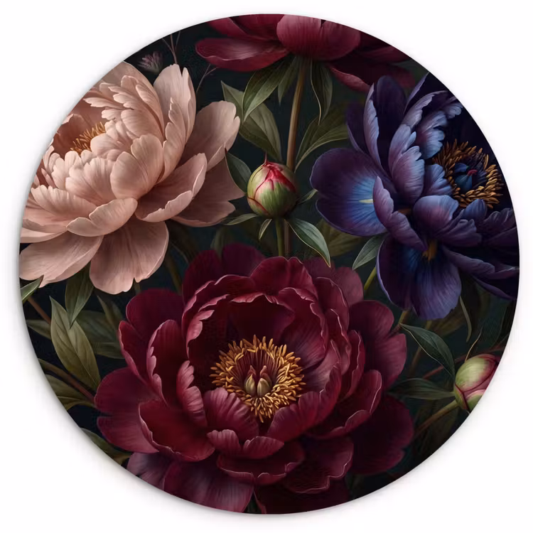 Bloemen - Boeket - Natuur - Modern - Donker Wandcirkel kunststof plaat 5mm dik klein -3d