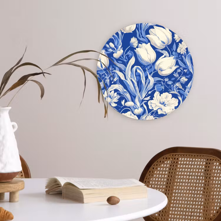 Bloemen - Delfts Blauw - Patroon - Tulp Wandcirkel kunststof plaat 5mm dik klein -sfeer4