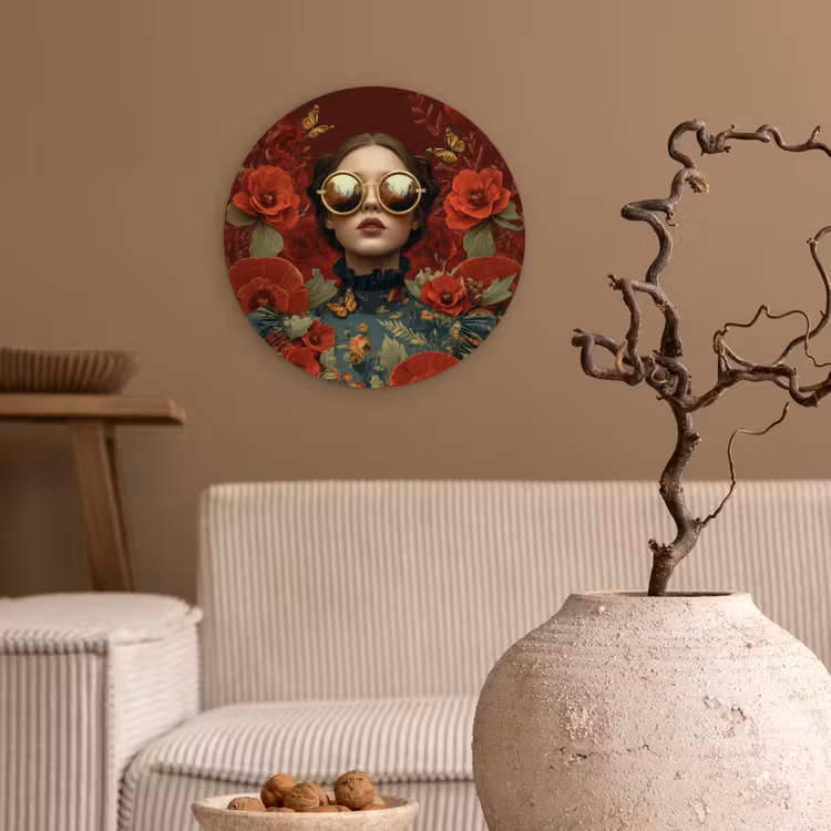 Bloemen - Dieprood - Zonnebril - Vrouw Wandcirkel kunststof plaat 5mm dik klein -sfeer1