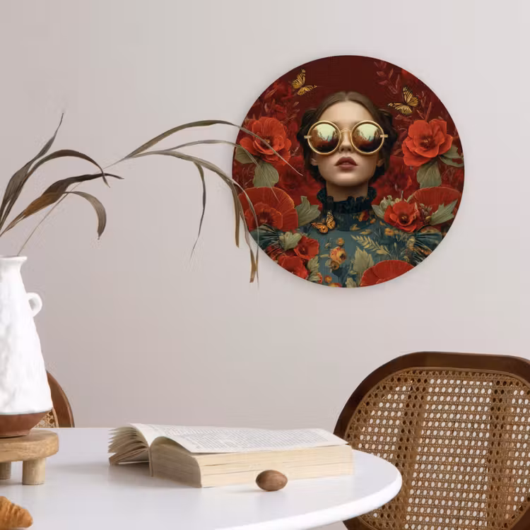 Bloemen - Dieprood - Zonnebril - Vrouw Wandcirkel kunststof plaat 5mm dik klein -sfeer4