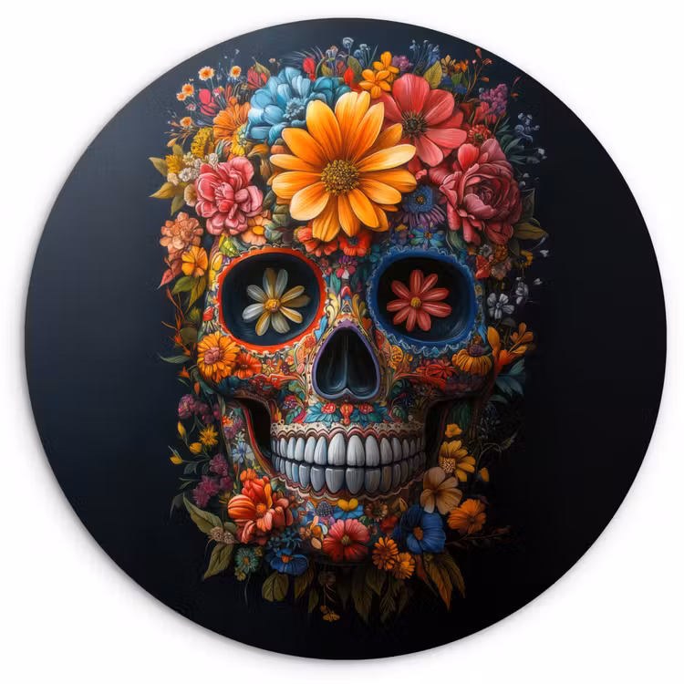 Bloemen - Kleurrijk - Schedel Wandcirkel kunststof plaat 5mm dik klein -3d