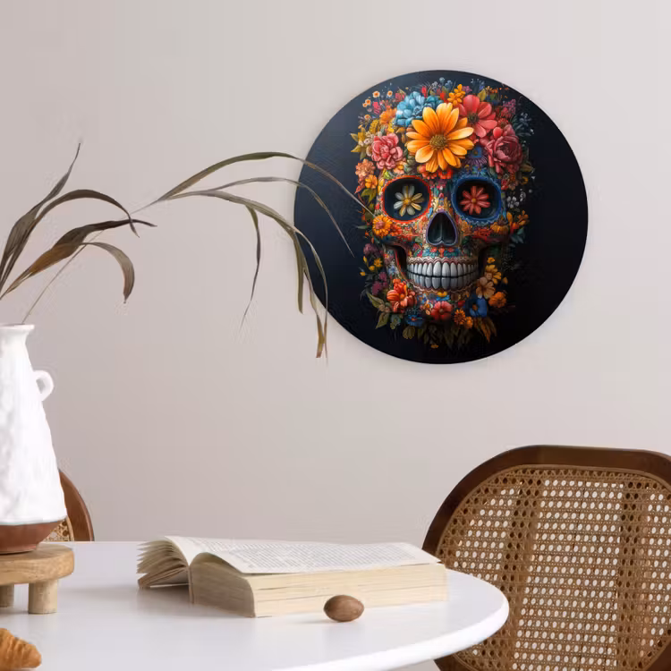 Bloemen - Kleurrijk - Schedel Wandcirkel kunststof plaat 5mm dik klein -sfeer4