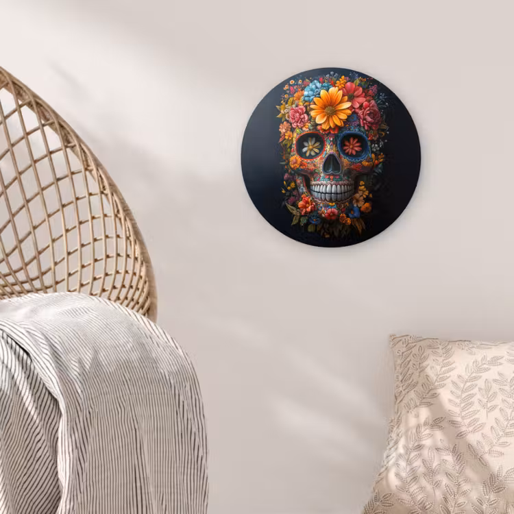 Bloemen - Kleurrijk - Schedel Wandcirkel kunststof plaat 5mm dik klein -sfeer5