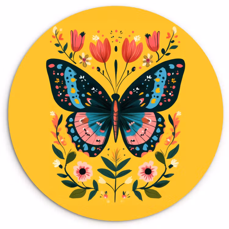 Bloemen - Kleurrijk - Vlinder - Sierlijk Wandcirkel kunststof plaat 5mm dik klein -3d