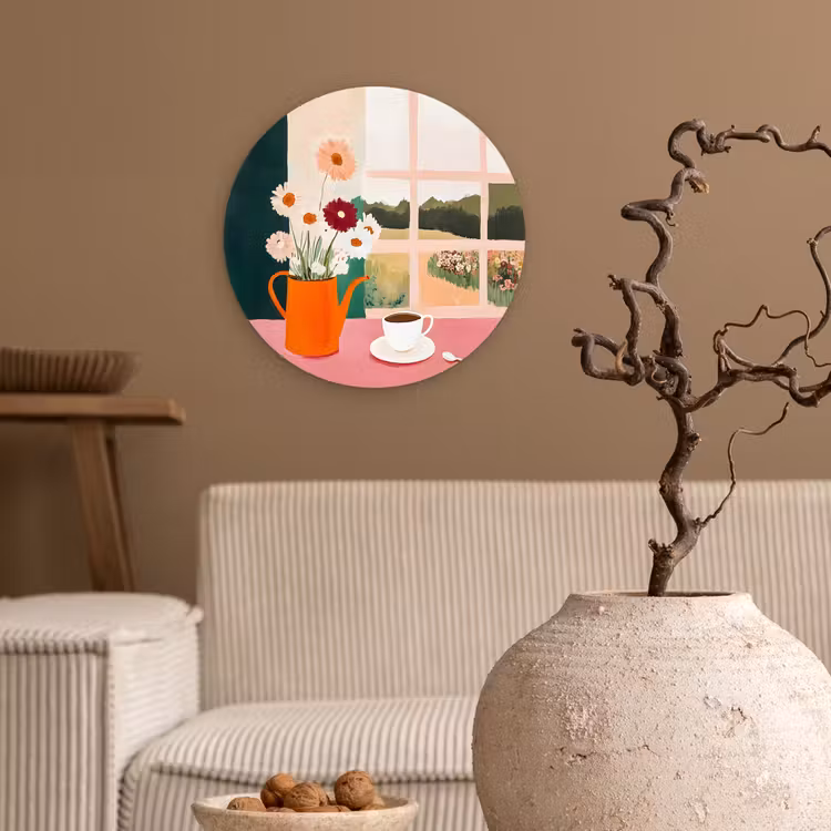 Bloemen - Koffie - Raam Wandcirkel kunststof plaat 5mm dik klein -sfeer1