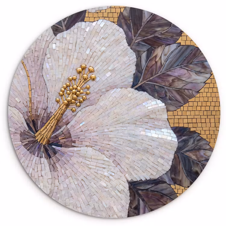 Bloemen - Mozaïek - Kunst - Modern - Goud Wandcirkel kunststof plaat 5mm dik klein -3d