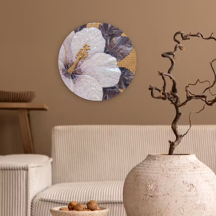 Bloemen - Mozaïek - Kunst - Modern - Goud Wandcirkel kunststof plaat 5mm dik klein -sfeer1
