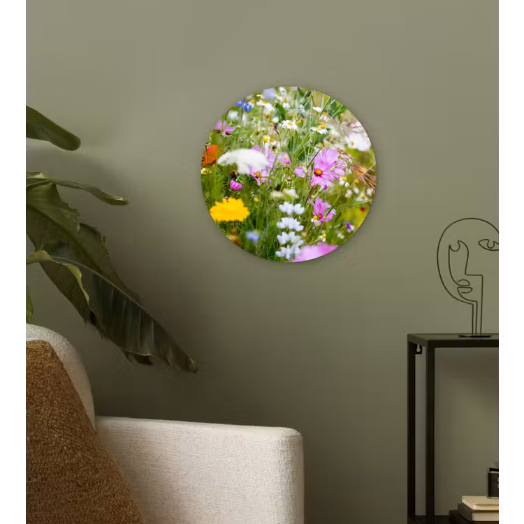 Bloemen - Natuur - Groen - Gras - Paars - Wit Wandcirkel kunststof plaat 5mm dik klein -sfeer3