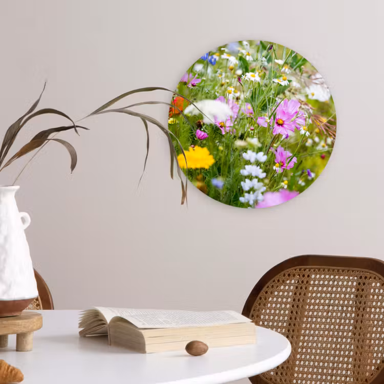 Bloemen - Natuur - Groen - Gras - Paars - Wit Wandcirkel kunststof plaat 5mm dik klein -sfeer4