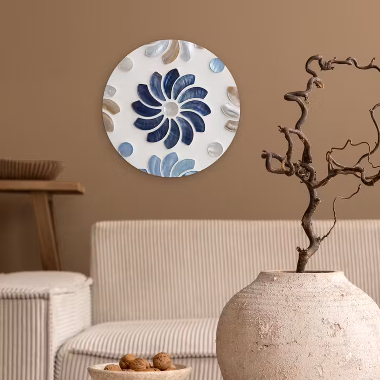 Bloemen - Parelmoer - Abstract - Patroon - Blauw Wandcirkel kunststof plaat 5mm dik klein -sfeer1