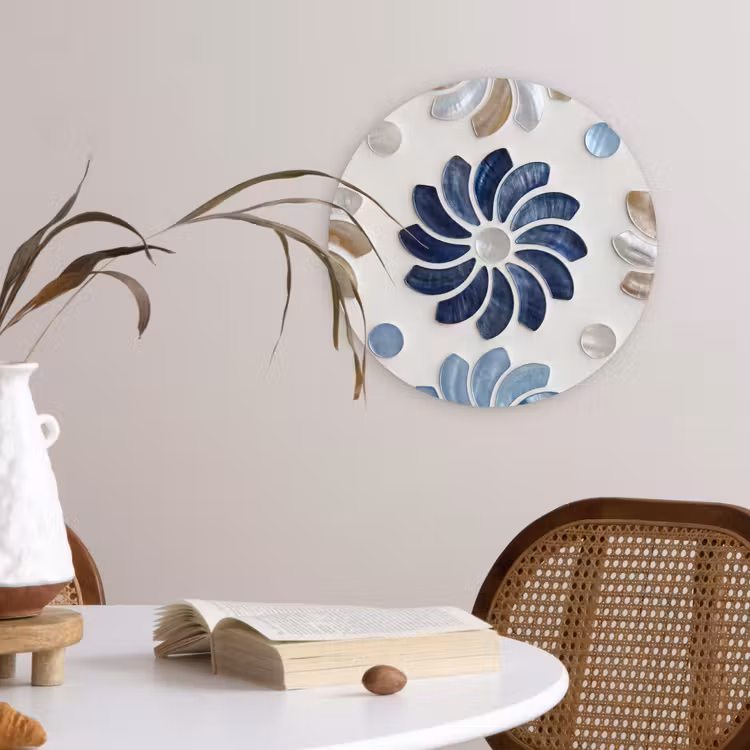 Bloemen - Parelmoer - Abstract - Patroon - Blauw Wandcirkel kunststof plaat 5mm dik klein -sfeer4
